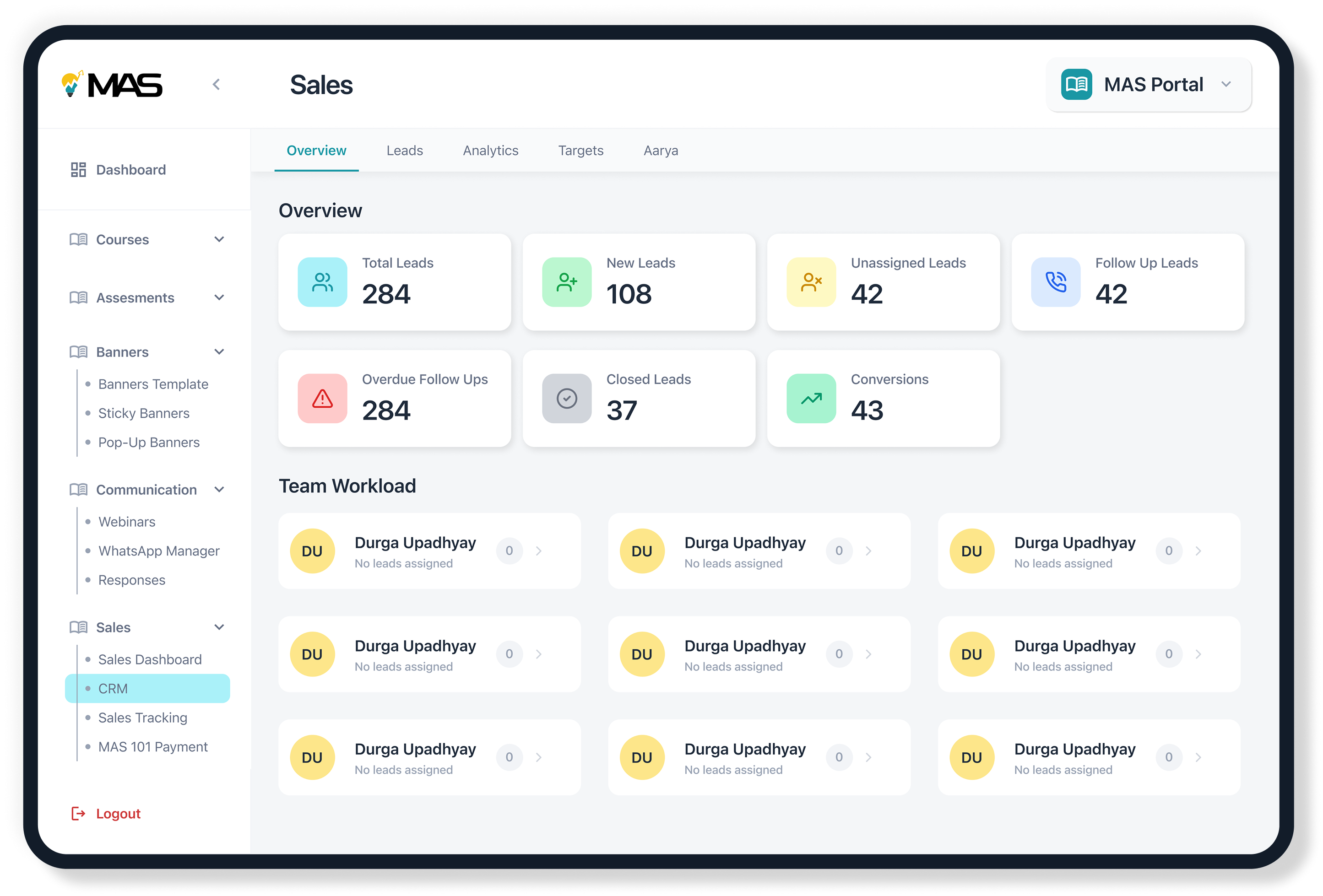 Admission Sales Head Overview Page Showcase
